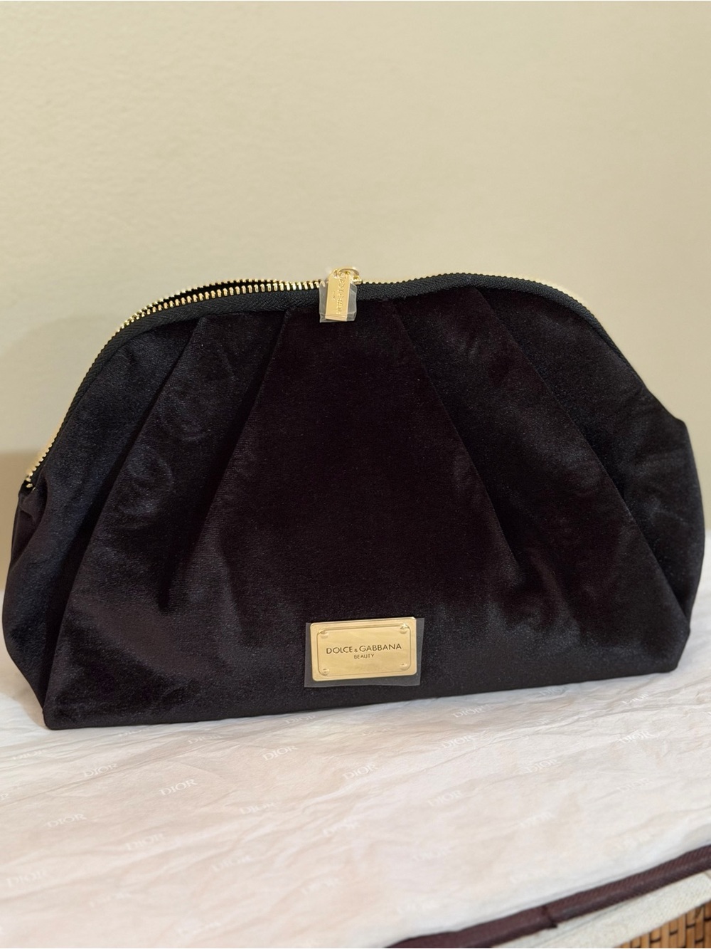 Dolce & Gabbana Black Velvet Cosmetic Bag with Gold Plate